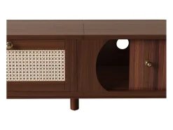 Mueble de TV vintage de nogal con 2 puertas de madera natural y 1 cajón de ratán, 170 x 39,5 x 38 cm