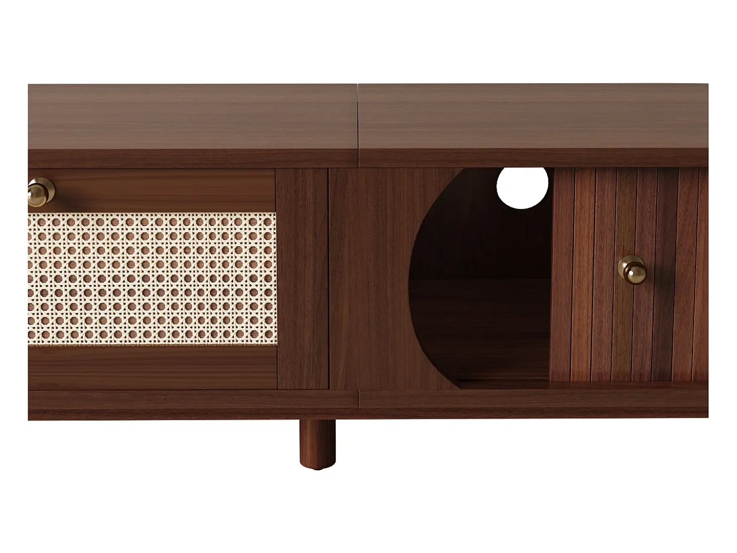 Mueble de TV vintage de nogal con 2 puertas de madera natural y 1 cajón de ratán, 170 x 39,5 x 38 cm