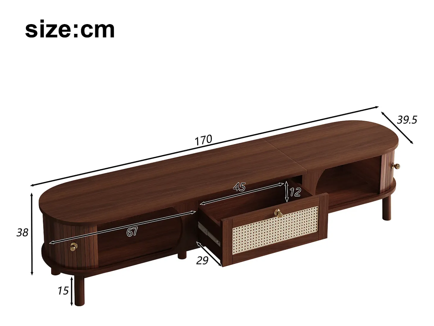 Mueble de TV vintage de nogal con 2 puertas de madera natural y 1 cajón de ratán, 170 x 39,5 x 38 cm