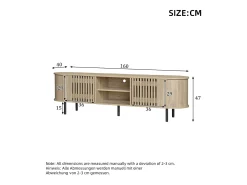 Mueble de TV 160x40x47 cm - con 2 puertas - Almacenamiento semiabierto - Diseño calado - Patas de metal - MDF - Natural