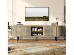 Mueble de TV 160x40x47 cm - con 2 puertas - Almacenamiento semiabierto - Diseño calado - Patas de metal - MDF - Natural