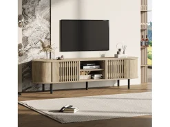 Mueble de TV 160x40x47 cm - con 2 puertas - Almacenamiento semiabierto - Diseño calado - Patas de metal - MDF - Natural