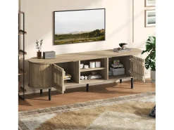 Mueble de TV 160x40x47 cm - con 2 puertas - Almacenamiento semiabierto - Diseño calado - Patas de metal - MDF - Natural