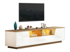 Mueble de TV 180x40x46cm - con 2 cajones y 2 puertas - con iluminación LED - acabado brillante - Blanco + natural