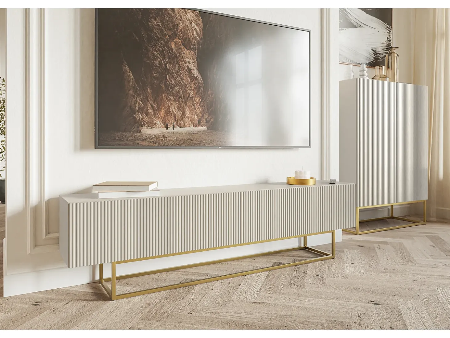 Mueble para TV - gris beige taupe con patas de metal dorado - 175 cm - VELDIO