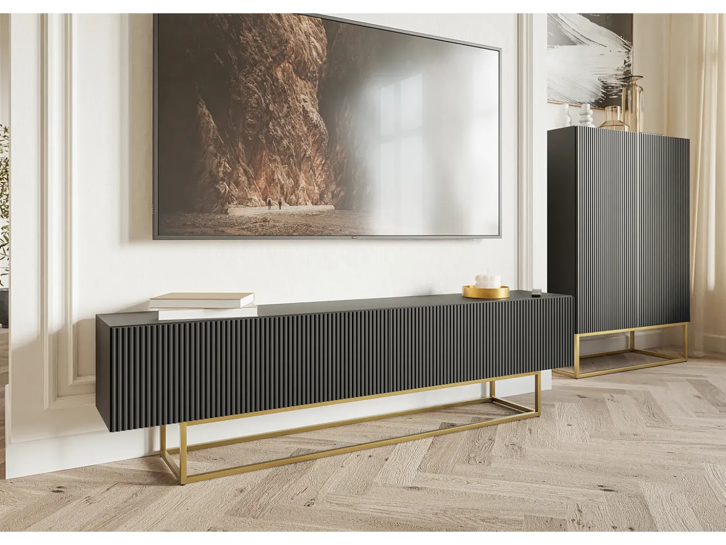 Mueble para TV - negro con patas de metal dorado - 175 cm - VELDIO