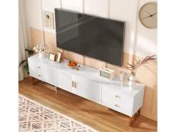 Mueble para TV con 2 puertas y 4 cajones - 175 x 30 x 46 cm - madera MDF, patas y tiradores de metal dorado - blanco