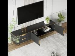 Mueble para TV con 2 puertas y 2 cajones - 175x40x45cm - madera MDF - tiradores y pies dorados - tapa con diseño de mármol - negro
