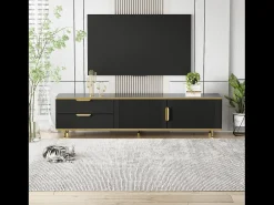 Mueble para TV con 2 puertas y 2 cajones - 175x40x45cm - madera MDF - tiradores y pies dorados - tapa con diseño de mármol - negro