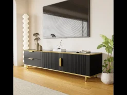 Mueble para TV con 2 puertas y 2 cajones - 175x40x45cm - madera MDF - tiradores y pies dorados - tapa con diseño de mármol - negro