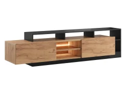 Mueble para TV con 2 puertas y 6 estantes con LEDs - Natural claro y Antracita - IDESIA