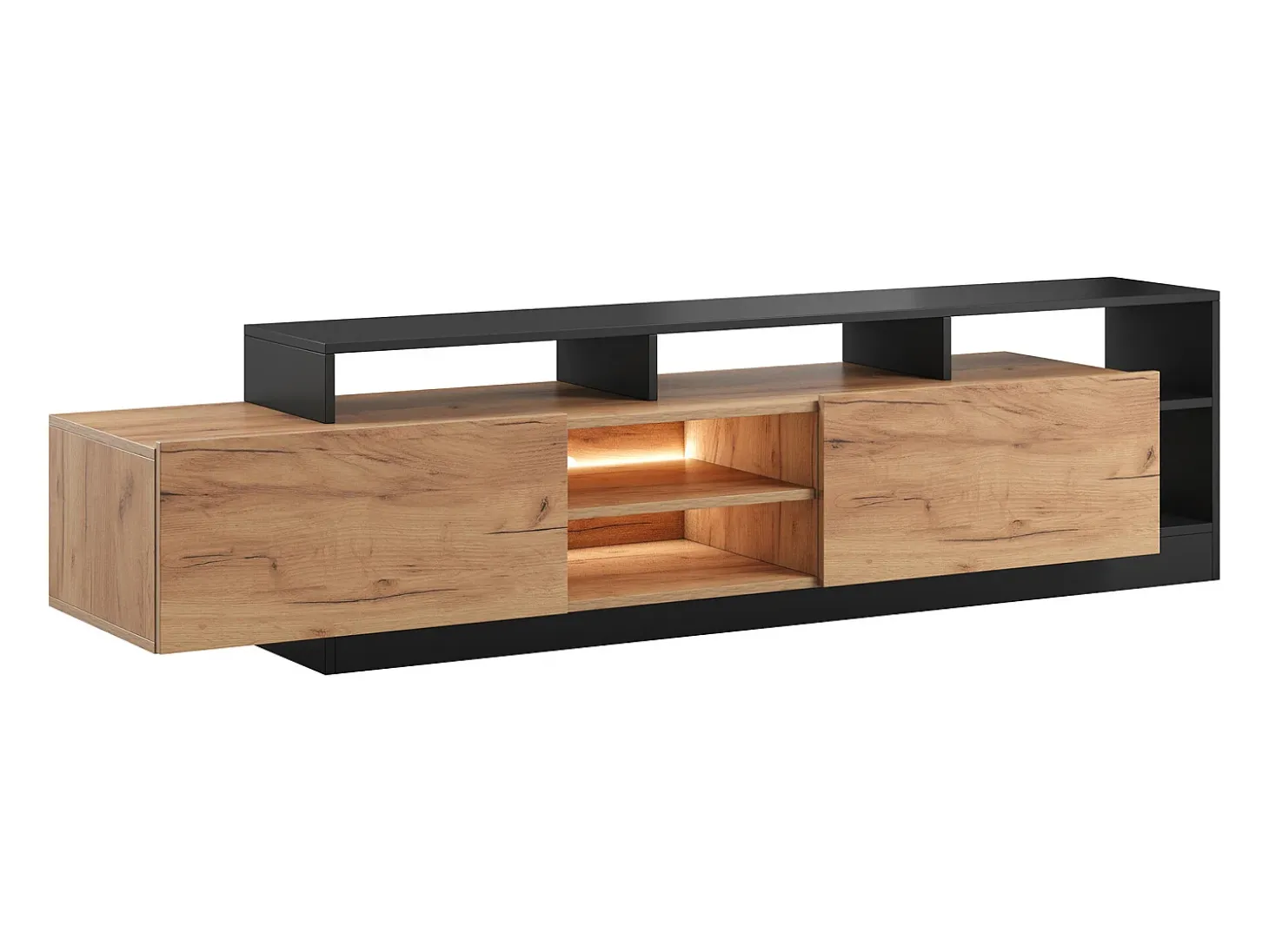 Mueble para TV con 2 puertas y 6 estantes con LEDs - Natural claro y Antracita - IDESIA