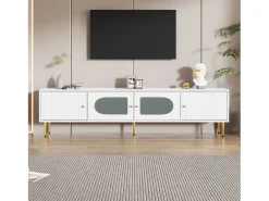 Mueble para TV con 2 puertas rayadas y 2 puertas de cristal - 170 x 35 x 50 cm - Tablero de partículas - Blanco