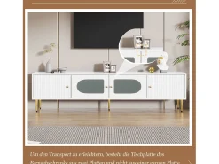 Mueble para TV con 2 puertas rayadas y 2 puertas de cristal - 170 x 35 x 50 cm - Tablero de partículas - Blanco