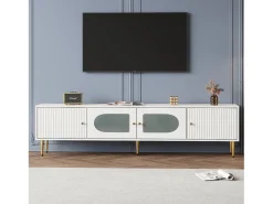 Mueble para TV con 2 puertas rayadas y 2 puertas de cristal - 170 x 35 x 50 cm - Tablero de partículas - Blanco