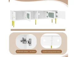 Mueble para TV con 2 puertas rayadas y 2 puertas de cristal - 170 x 35 x 50 cm - Tablero de partículas - Blanco