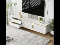 Mueble para TV con 2 puertas y 2 cajones - 175x40x45cm - madera MDF - tiradores y pies dorados - tapa con diseño de mármol - blanco