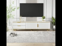 Mueble para TV con 2 puertas y 2 cajones - 175x40x45cm - madera MDF - tiradores y pies dorados - tapa con diseño de mármol - blanco