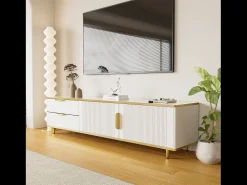 Mueble para TV con 2 puertas y 2 cajones - 175x40x45cm - madera MDF - tiradores y pies dorados - tapa con diseño de mármol - blanco