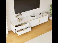 Mueble para TV con 2 puertas y 2 cajones - 175x40x45cm - madera MDF - tiradores y pies dorados - tapa con diseño de mármol - blanco