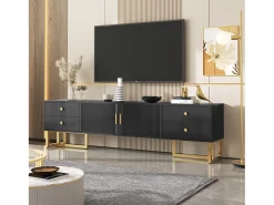 Mueble para TV con 2 puertas y 4 cajones - 175 x 30 x 46 cm - madera MDF, patas y tiradores de metal dorado - negro