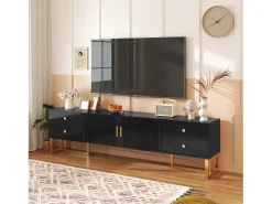 Mueble para TV con 2 puertas y 4 cajones - 175 x 30 x 46 cm - madera MDF, patas y tiradores de metal dorado - negro