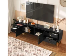 Mueble para TV con 2 puertas y 4 cajones - 175 x 30 x 46 cm - madera MDF, patas y tiradores de metal dorado - negro