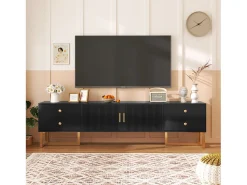 Mueble para TV con 2 puertas y 4 cajones - 175 x 30 x 46 cm - madera MDF, patas y tiradores de metal dorado - negro