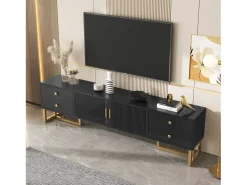 Mueble para TV con 2 puertas y 4 cajones - 175 x 30 x 46 cm - madera MDF, patas y tiradores de metal dorado - negro