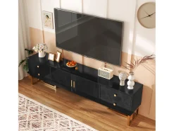 Mueble para TV con 2 puertas y 4 cajones - 175 x 30 x 46 cm - madera MDF, patas y tiradores de metal dorado - negro