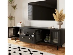 Mueble para TV moderno - con puertas de ratán y 2 cajones - patas de metal - Negro