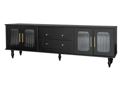Mueble para TV moderno - con puertas de ratán y 2 cajones - patas de metal - Negro