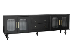 Mueble para TV moderno - con puertas de ratán y 2 cajones - patas de metal - Negro