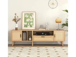 Mueble para TV, Mueble para TV de 180 cm con 2 puertas y cajón, Para televisores de hasta 80", Madera maciza, Roble