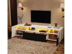 Mueble para TV 180x38,5x45 cm - con iluminación LED - 2 cajones y 2 puertas - Estantes abiertos - Acabado brillante - Blanco + negro