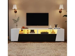 Mueble para TV 180x38,5x45 cm - con iluminación LED - 2 cajones y 2 puertas - Estantes abiertos - Acabado brillante - Blanco + negro