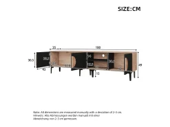 Mueble para TV 180x35x49 cm - con 3 puertas - Estantes abiertos - Paneles de partículas - Natural y negro