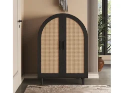 Mueble para zapatos 70×40×100 cm - exterior curvado - 2 puertas de ratán - 3 estantes - natural + negro