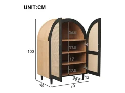 Mueble para zapatos 70×40×100 cm - exterior curvado - 2 puertas de ratán - 3 estantes - natural + negro