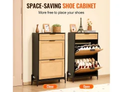 Mueble Para Zapatos De Ratán SucceBuy, 2 Cajones Abatibles Y 1 Cajón Corredero, Negro
