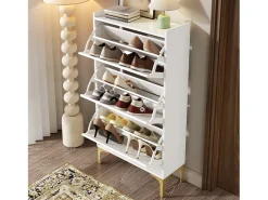 Mueble para zapatos moderno 63x24x120 cm - 3 niveles de almacenamiento - Patas de metal - MDF - Blanco