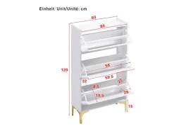 Mueble para zapatos moderno 63x24x120 cm - 3 niveles de almacenamiento - Patas de metal - MDF - Blanco