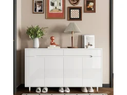 Mueble para zapatos moderno 140x39x84 cm - 2 puertas y 2 cajones - Estantes ajustables - Patas doradas - Blanco