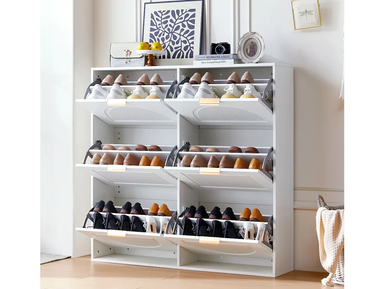 Mueble para zapatos moderno 118x25x115 cm - con 6 puertas abatibles - Blanco