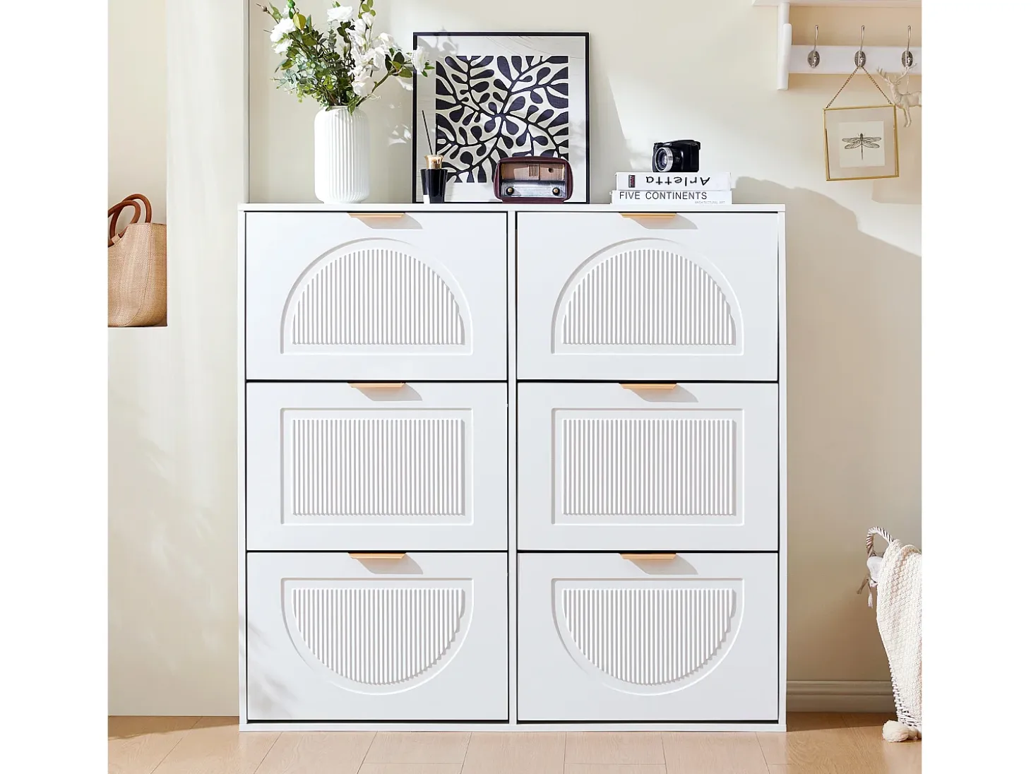 Mueble para zapatos moderno 118x25x115 cm - con 6 puertas abatibles - Blanco