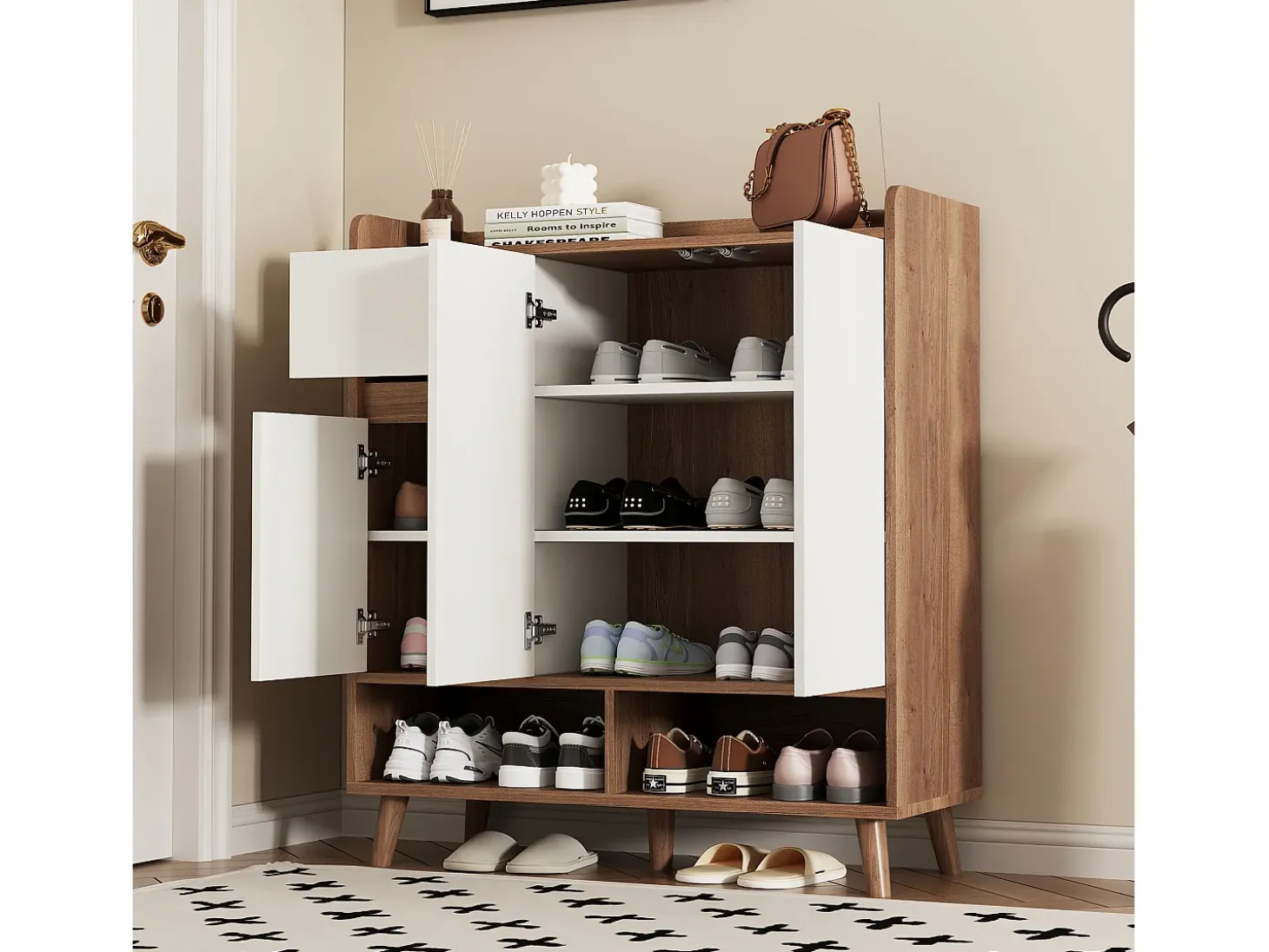 Mueble para zapatos moderno 90×35×99 cm - 3 puertas y 1 cajón - blanco+marrón
