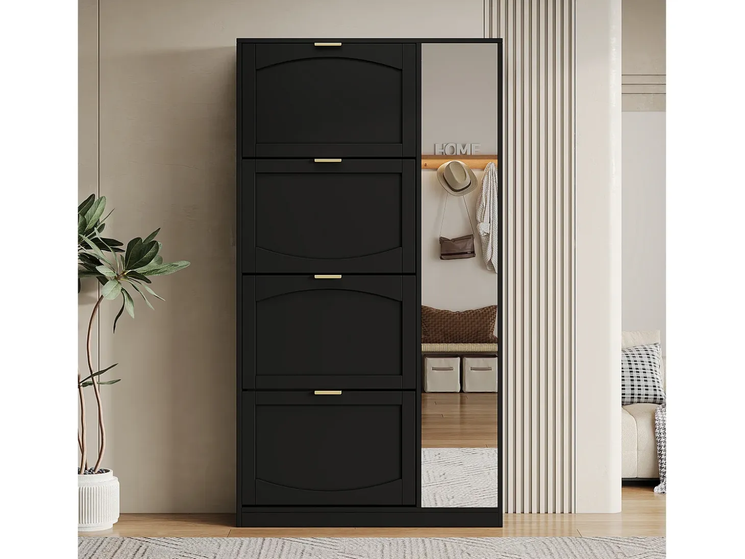 Mueble para zapatos moderno - con espejo + 4 compartimentos abatibles - Negro