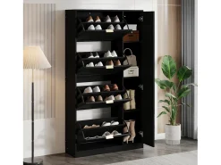 Mueble para zapatos moderno - con espejo + 4 compartimentos abatibles - Negro