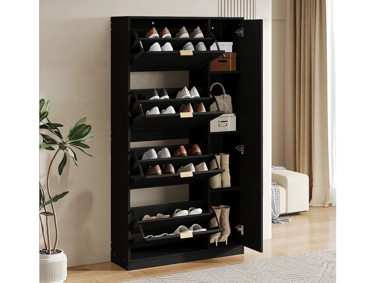 Mueble para zapatos moderno - con espejo + 4 compartimentos abatibles - Negro
