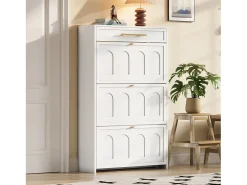 Mueble para zapatos moderno 70x25x123,5 cm - 3 puertas abatibles y 1 cajón - 6 estantes - MDF - Blanco